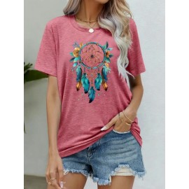 [Dreamcatcher T-Shirt] Bohemian Dreamcatcher Women's T-Shirt | Casual Loose Fit Round Neck Short Sleeve Top, Breathable Machine-Washable Fabric for Summer Vacation & Casual Attire, Multi-Color Options S-XXL