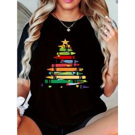 Women's Plus Size Geometric Christmas Tree Print T-Shirt - Polyester Blend Crew Neck Tee with Medium Stretch, Casual Short Sleeve Top for Spring/Summer - Festive Black Fashion