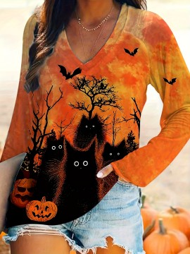 [Plus Size Halloween T-Shirt] Plus Size Halloween T-Shirt - Stretchy V-Neck Top with Pumpkin, Black Cat, Bat & Haunted House Graphic - Non-See-Through Fabric for Fall/Winter - Casual Halloween Party Shirt, Festive Attire, Holiday Apparel, Comfortable Fit