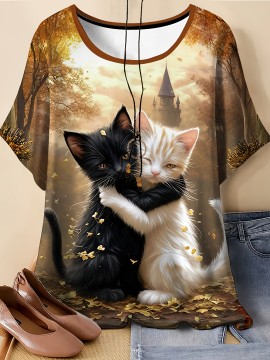 Plus Size, Women's Plus Size Oversized Cat T-Shirt - Fantasy Forest Print with Black & White Kittens, Castle & Golden Leaves - Soft Stretch Round Neck Short Sleeve Summer Top for Casual & Elegant Outfits (Machine Washable) - Cat Lover Apparel