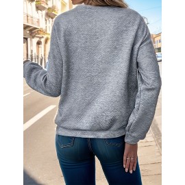 Plus Size, Autumn and Winter New Large Size Women's Button-Decorated Pullover Solid Color Casual Comfortable Long Sleeve Textured Design Sweatshirt