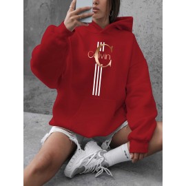 Calvin s Plus Size Oversized Hooded Sweatshirt - Light Grey with Black Letter 'C' & Golden Stripes Print, Cozy Fleece Pullover with Pockets, Women's Autumn Winter Casual Clothing, Autumn Winter Apparel, Comfortable Sweatshirt