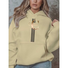 Calvin s Plus Size Oversized Hooded Sweatshirt - Light Grey with Black Letter 'C' & Golden Stripes Print, Cozy Fleece Pullover with Pockets, Women's Autumn Winter Casual Clothing, Autumn Winter Apparel, Comfortable Sweatshirt