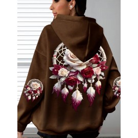 Plus Size - Women'S Plus Size Floral Print Hoodie - Soft, Comfortable Long Sleeve with Pockets, Casual Brown Pullover for All-Season Wear, Casual Wear Hoodie | Floral Print Hoodie | Soft Fabric Hoodie