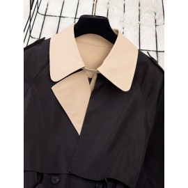 Elegant Beige & Black Color Block Trench Coat with Lapel Collar - Long Sleeve, Mid-Length, Button-Up Outerwear for Women, Perfect for Fall 2025, Stylish Commuter Wear | Chic Lapel Collar | Structured Design