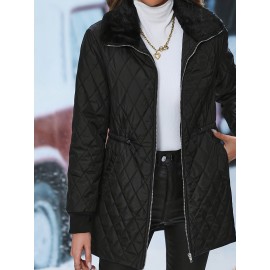 [Elegant Quilted Jacket] Elegant Women's Quilted Jacket | Color Block Design, Drawstring Waist, Machine Washable | Non-Stretch Fabric for Spring/Fall Transitional Outerwear, Casual to Semi-Formal Occasions