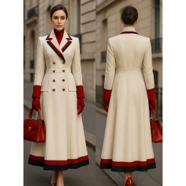 New High-End Fashion Versatile Stylish Goddess and Mature Tweed Coat with Color Blocking, French Style Metal Double-Breasted Long Overcoat, Casual Commuter Women's Outerwear