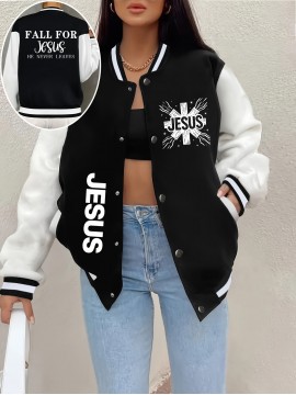 [Jesus Letter Print Coat] Women's Jesus Letter Print Coat - Black & White Color Block Jacket, Machine Washable Winter Outerwear for Church, Everyday & Special Events - Faith-Based Women's Clothing, Casual Cold Gear, Sleek Fabric Finish