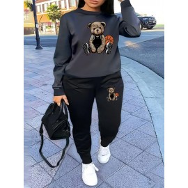 Women'S Casual Sports Fashion Bear Basketball Pattern Crew Neck Sweatshirt Set with Knit Fabric, 100% Polyester Material, Fall/Winter Season, Slight Stretch Fabric, Solid Color Pants - Athletic Loungewear Outfits