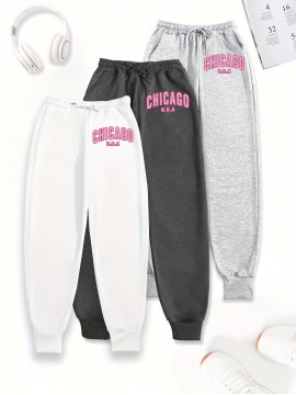 3-Pack Women'S Chicago Letter Print Sweatpants, Elastic Waist Casual Joggers, Polyester Knit, Loose Fit, Pockets, All-Season Sportswear, Adult Sizes