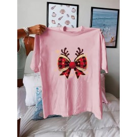 1pc Women'S Plus Size Christmas T-Shirt - Casual Crew Neck Polyester Top with Slight Stretch, Festive Reindeer Bow Print, Knit Fabric Short Sleeve Tee for Summer
