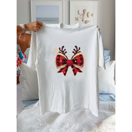 1pc Women'S Plus Size Christmas T-Shirt - Casual Crew Neck Polyester Top with Slight Stretch, Festive Reindeer Bow Print, Knit Fabric Short Sleeve Tee for Summer