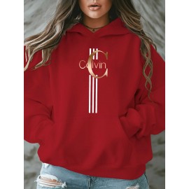 Calvin s Plus Size Oversized Hooded Sweatshirt - Light Grey with Black Letter 'C' & Golden Stripes Print, Cozy Fleece Pullover with Pockets, Women's Autumn Winter Casual Clothing, Autumn Winter Apparel, Comfortable Sweatshirt
