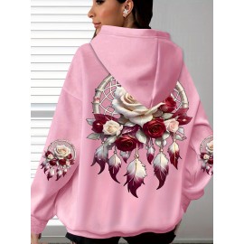 Plus Size - Women'S Plus Size Floral Print Hoodie - Soft, Comfortable Long Sleeve with Pockets, Casual Brown Pullover for All-Season Wear, Casual Wear Hoodie | Floral Print Hoodie | Soft Fabric Hoodie