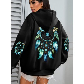 Plus Size - Women'S Elegant Dreamcatcher Hoodie - Cozy Fall/Winter Pullover with Colorful Design, Black Long Sleeve Sweatshirt for Casual or Chic Outfits, Cozy Clothing | Dreamcatcher Design | Durable Fabric