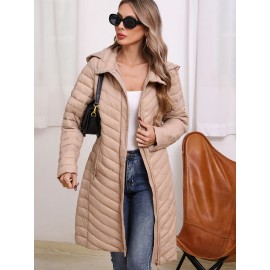 Women'S Lightweight Long Winter Coat - Warm Padded Zipper Front, Elegant Solid Color, Regular Fit Long Sleeve Coat for Daily Casual Comfort & Formal Occasions, Winter Coats, Seasonal Fashion, Sophisticated Style, Cozy Fabric